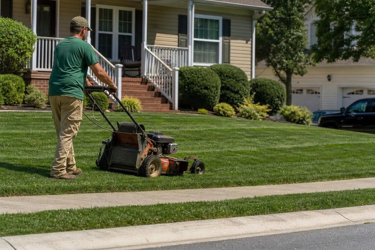 Lawn care technician mowing a residential front lawn with a commercial walk-behind mower