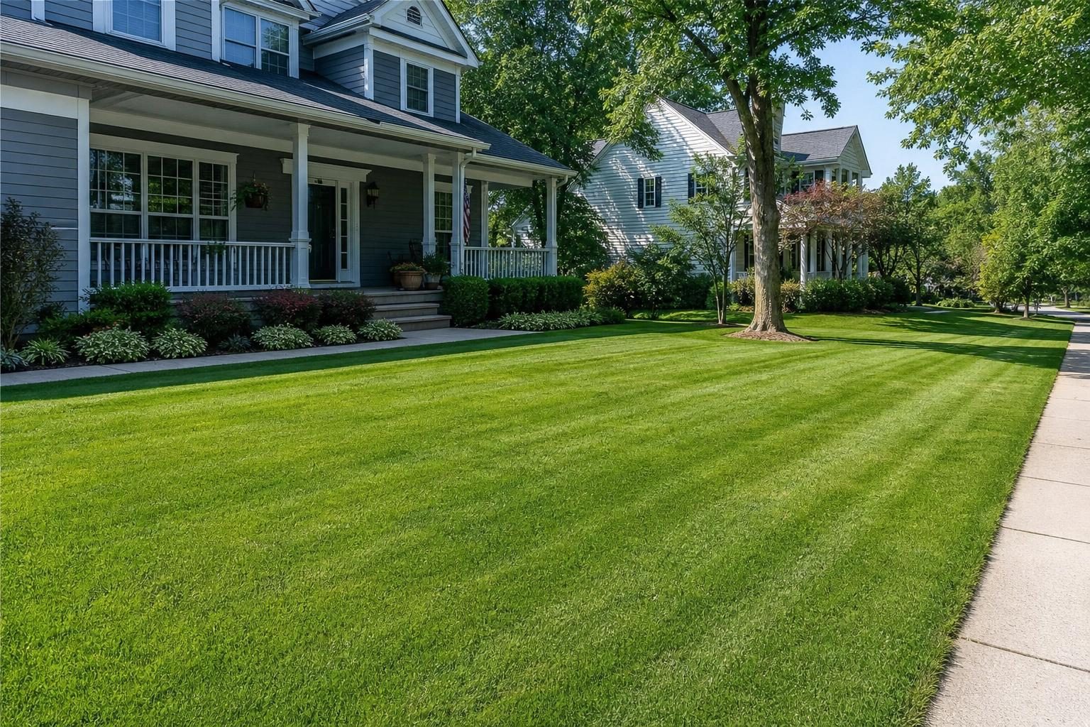 A thick, freshly mowed green lawn with mowing stripes in front of a two-story suburban house