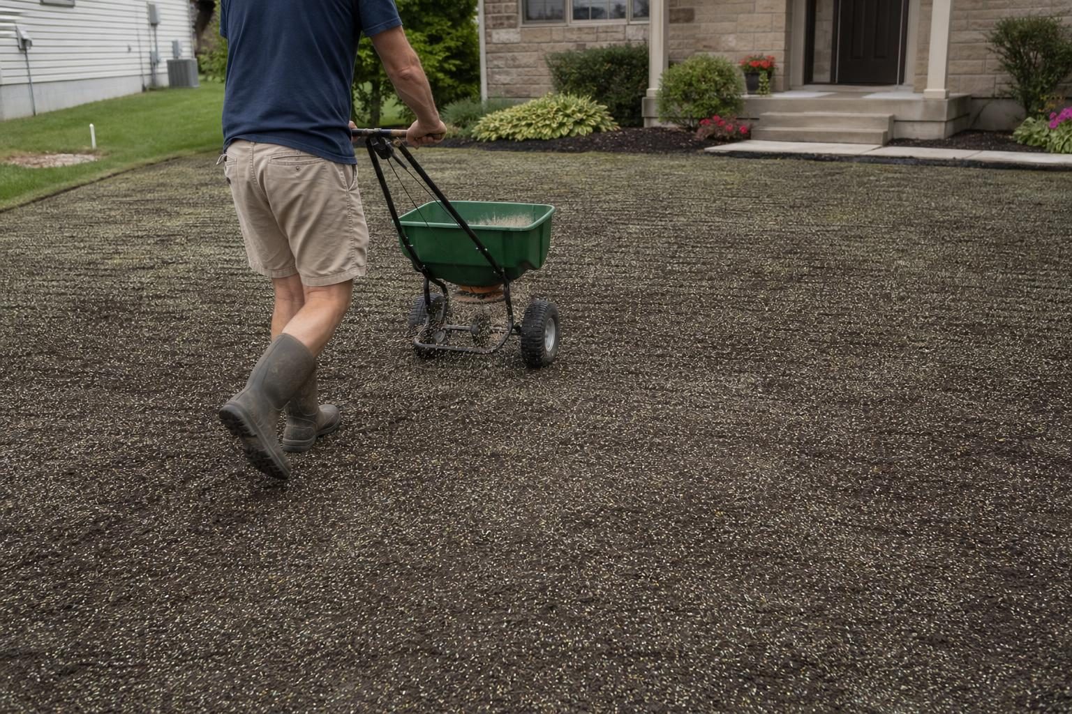 Homeowner pushing a broadcast spreader of grass seed across a freshly aerated thin lawn in early fall