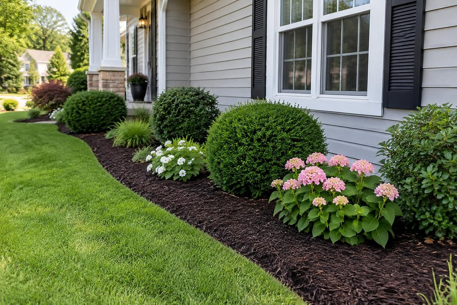 A freshly mulched front-yard bed with dark brown shredded hardwood, crisp edges and shrubs in front of a suburban house