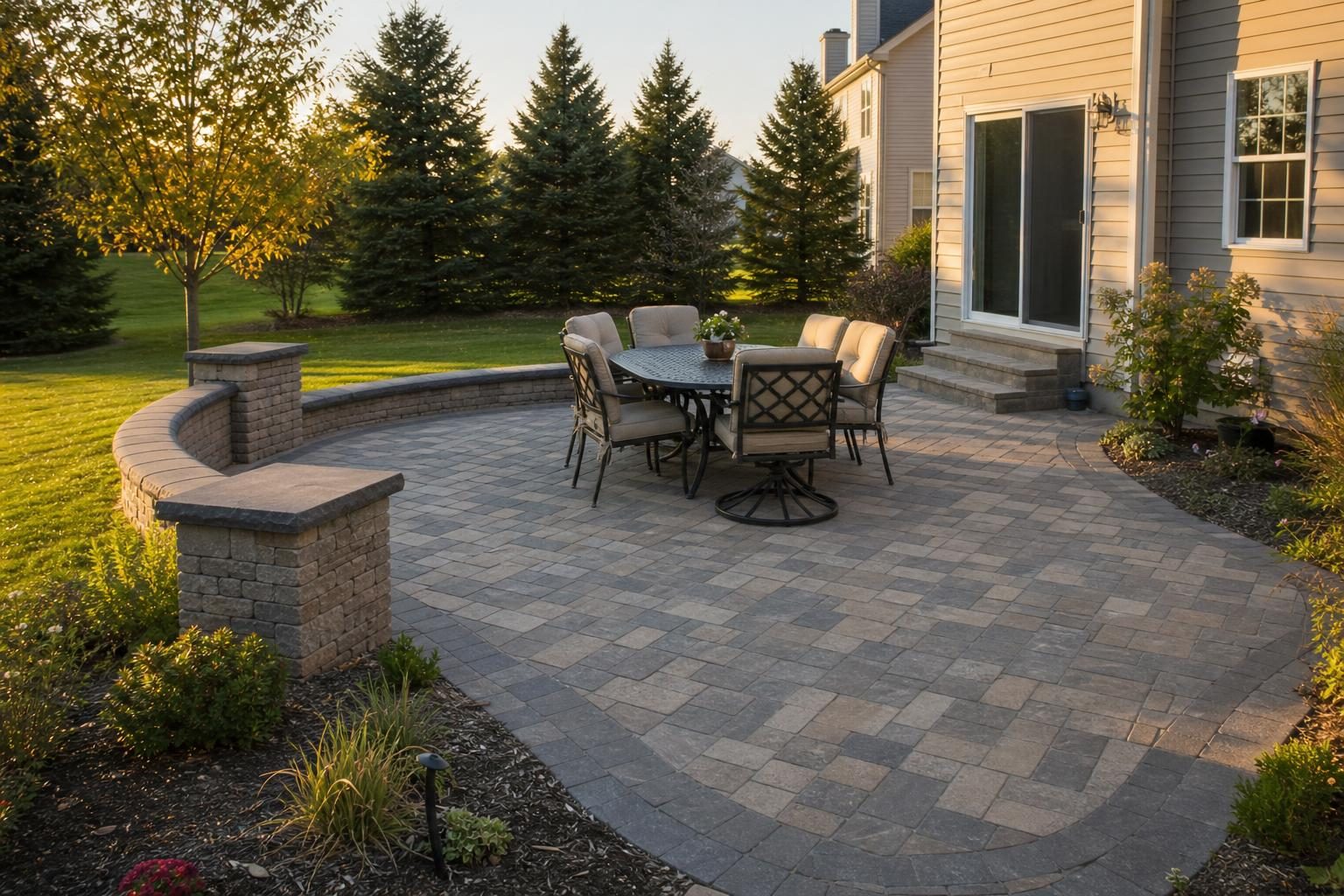 A paver patio with a dining set, a darker border course and a low seat wall behind a suburban house.