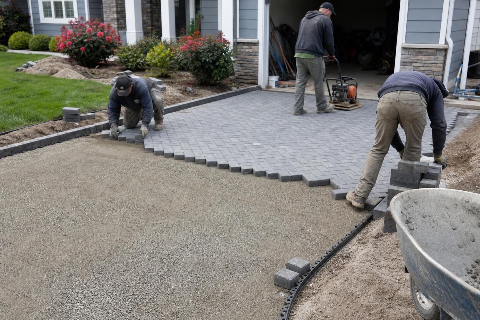 Crew laying interlocking concrete pavers in a herringbone pattern on a residential driveway over a compacted base