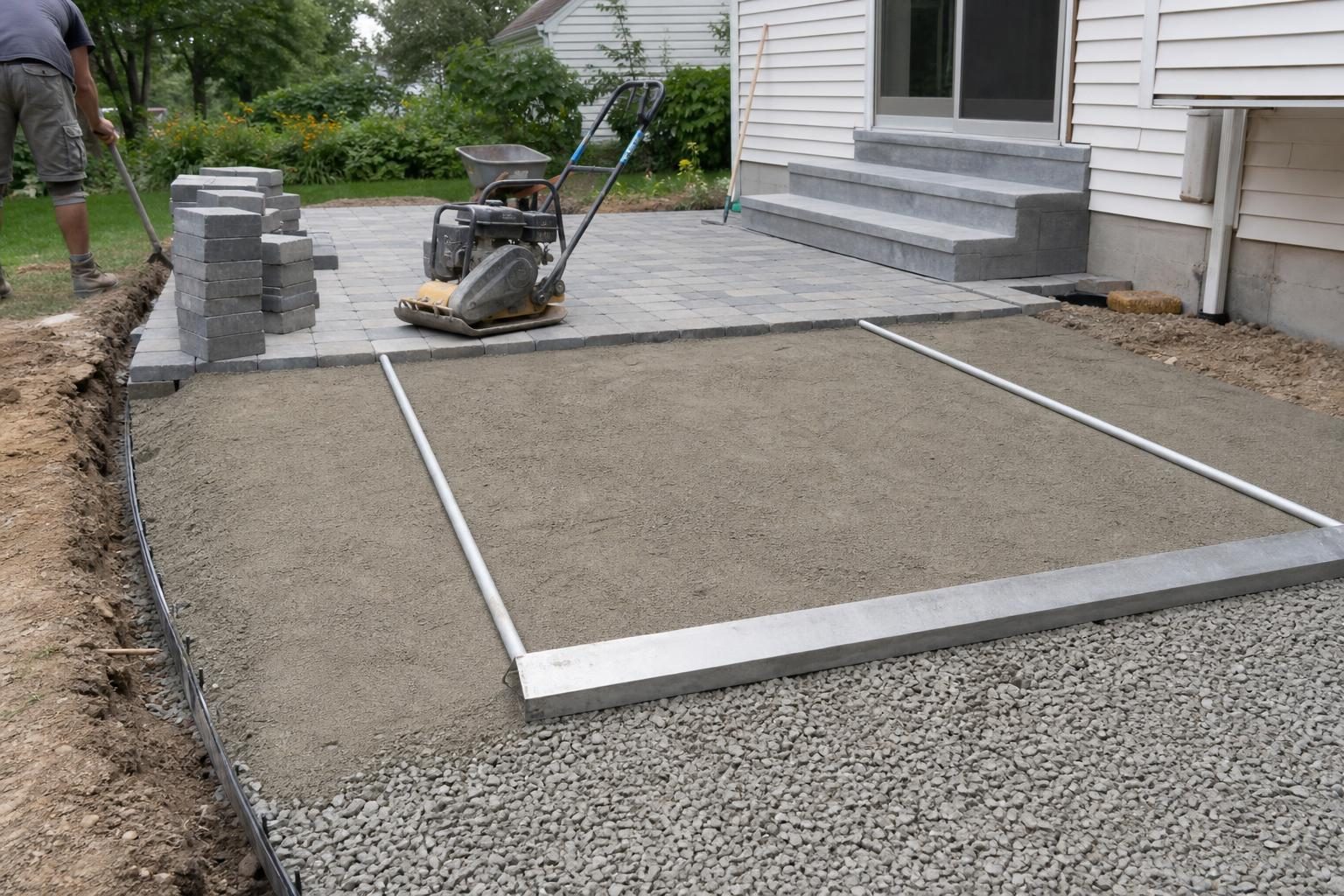 Paver patio under construction: compacted gravel base