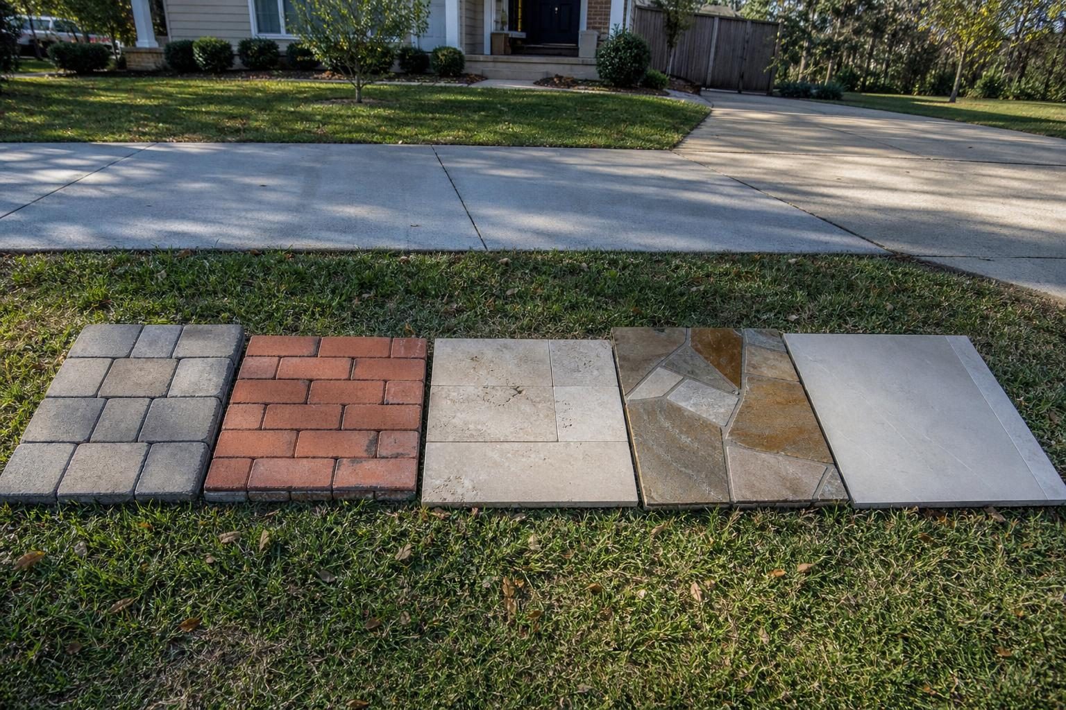 Paving samples left to right: concrete pavers, clay brick, travertine, flagstone and porcelain tile