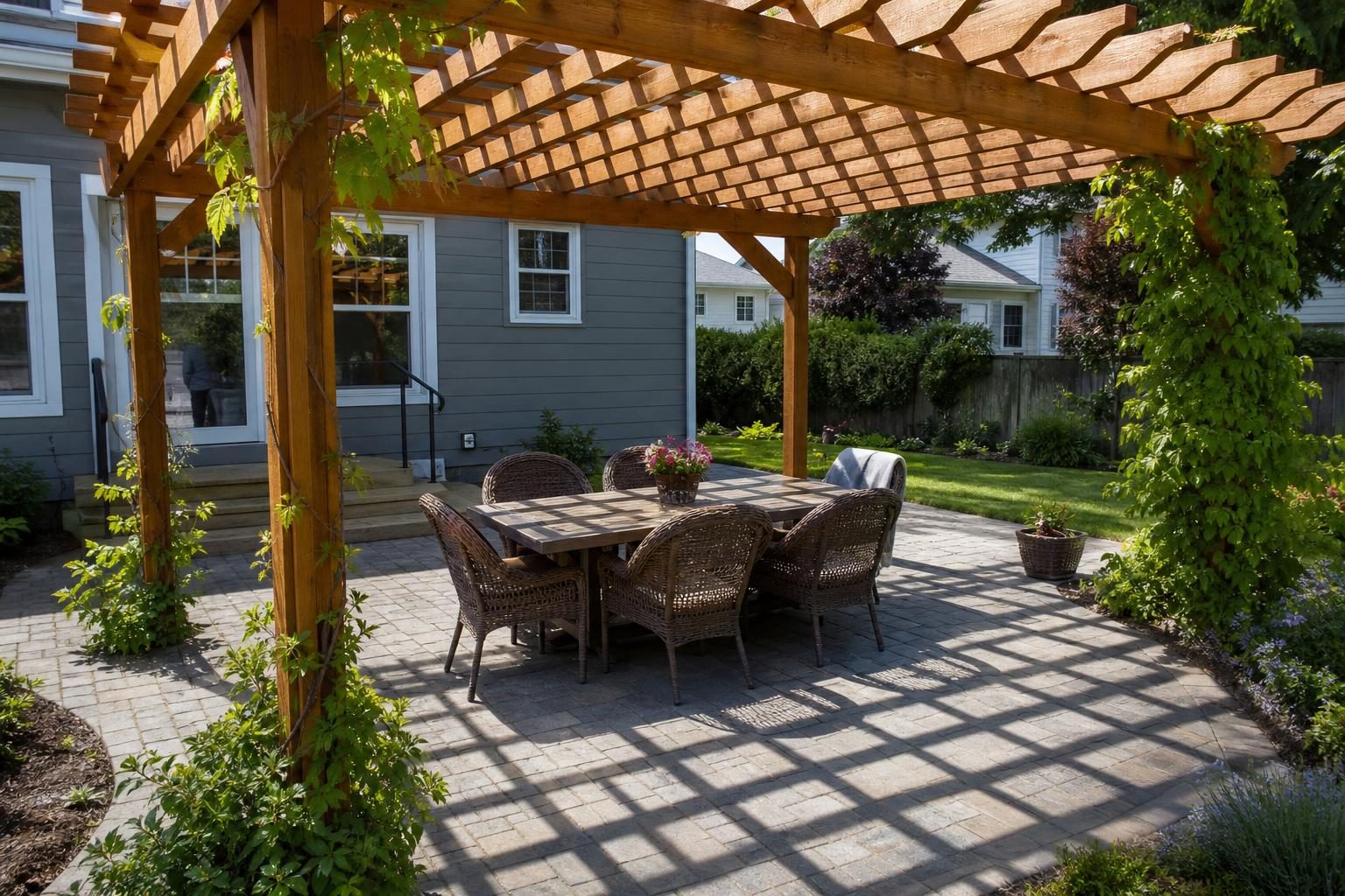 Wooden pergola over a backyard paver patio with an outdoor dining table