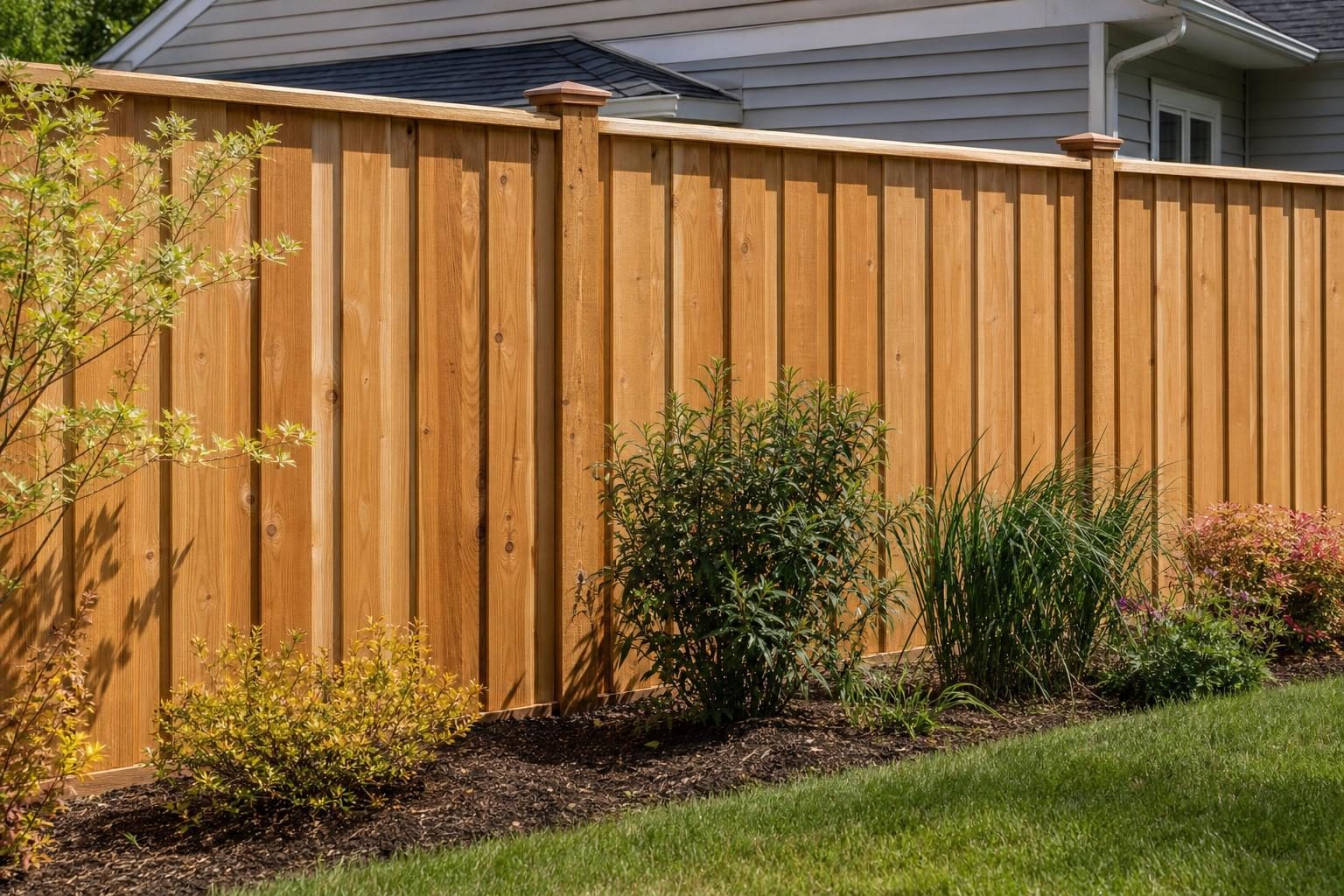 Cedar board-on-board wood privacy fence in a sunny backyard with planting beds in front