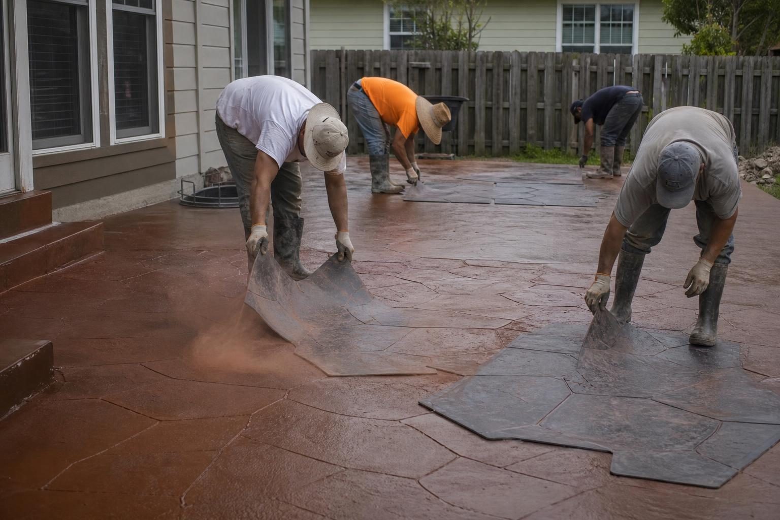 Workers pressing texture mats into wet colored concrete to create a stone pattern on a backyard patio