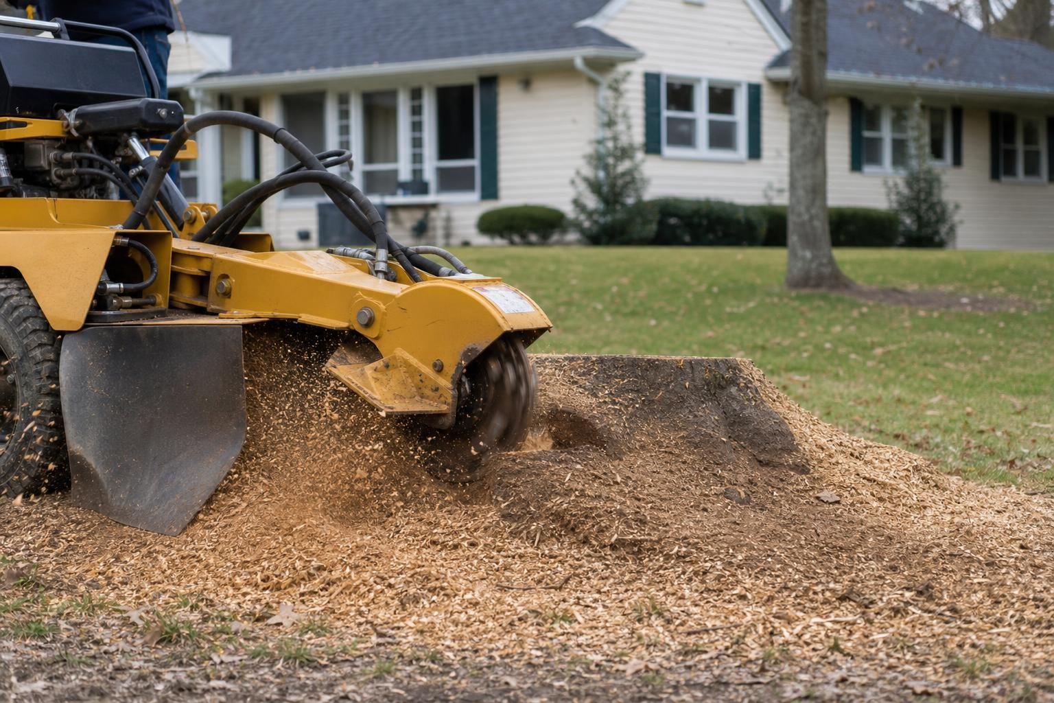 Stump grinder machine grinding a large tree stump in a residential lawn