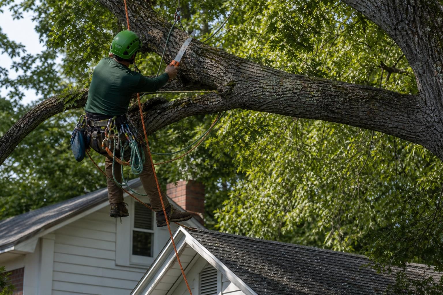 Arborist in a harness and helmet pruning a large shade tree branch with a handsaw near a house roof